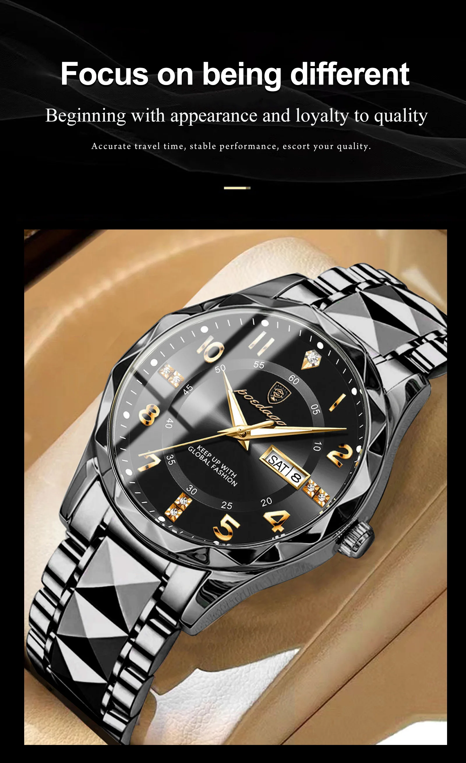 POEDAGAR Modische Luxus-Herrenuhr, Wasserdicht, Leuchtend, Quarz-Armbanduhr, Edelstahl, mit Datums- und Wochenanzeige, Casual-Herrenuhr, Reloj – Detail 3