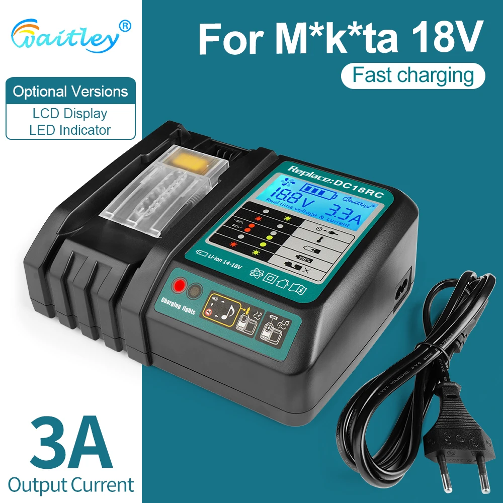 Waitley DC18RC Ladegerät für Makita 14,4V–18V Elektrowerkzeug-Akkus, intelligentes Schnellladegerät mit Display und Lüfter