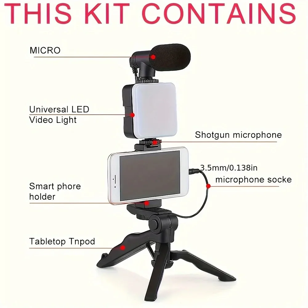 Kit de vlogging para teléfono inteligente con trípode, soporte para teléfono, Mini micrófono, luz de relleno LED, arrancador para TikTok, transmisión en vivo, vídeo, YouTube