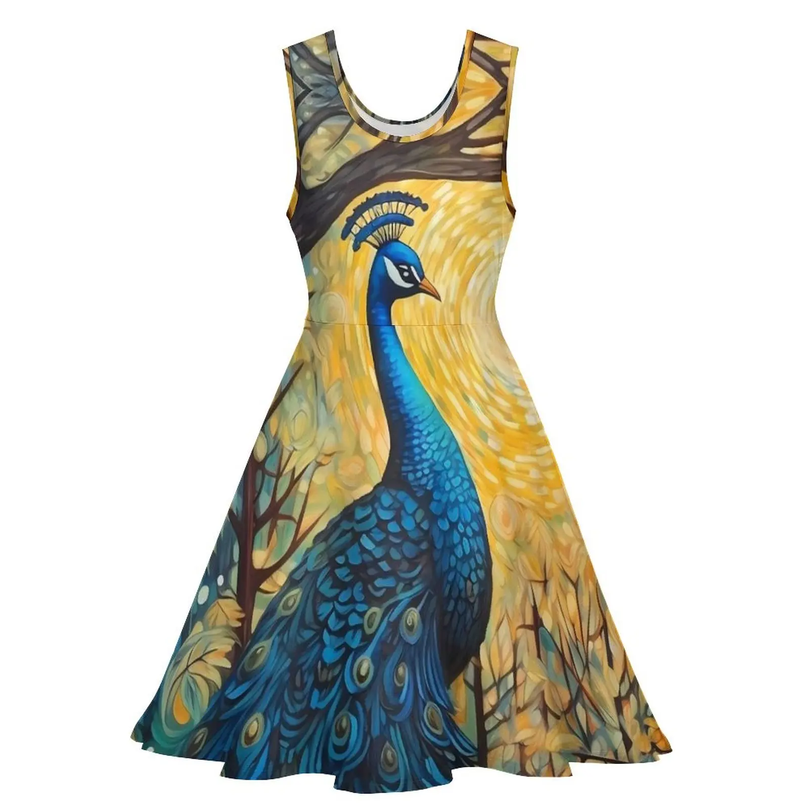 Fantasy Painting About Peacock Dress  Boho Beach Dresses Sleeveless Casual Skate Dress Ladies Custom Vestidos Gift Idea