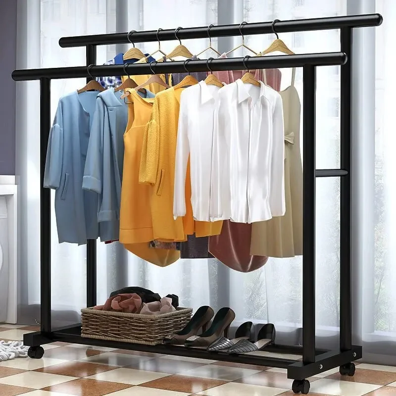 Multifunctional Double-deck Simple Clothes Hanger With Universal Wheels Bedroom Storage Wardrobe Coat Rack Home Sorting