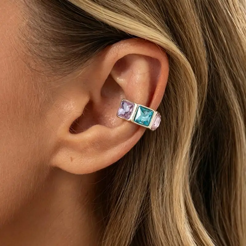 Light Luxury Colorful Acrylic Diamond Clip Earrings For Women Trendy C-shaped Geometric Fake Piercing Ear Cuff Jewelry Accessor