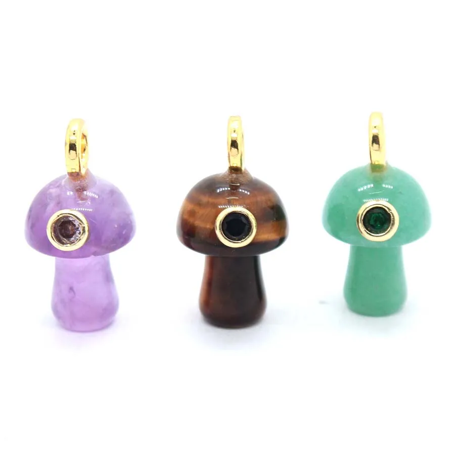 Charms Natural Healing Crystal Mushroom Stone Pendants For Women Amethyst Rose Quartz  Inlay Zircon Choice DIY Necklace Jewelry