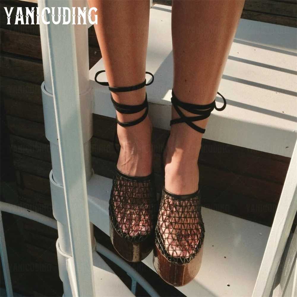 Woven Fishnet Platform Wedge Clog Sandals Ankle Strap Summer High Heel Sandals Designer Style Handmade Wedge Sandals for Women
