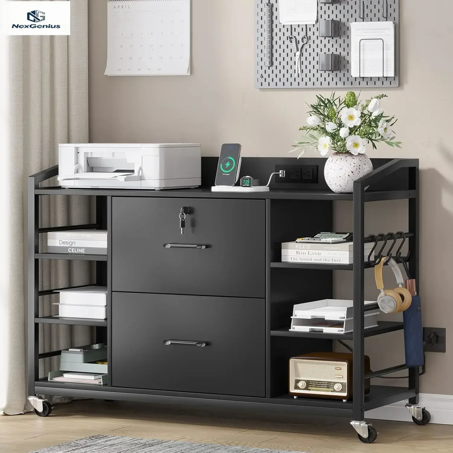 Two Drawer Office File Cabinet Fits Legal Letter A4 Size Lockable Home Storage With Power Strip Adjustable Shelves Hooks Black