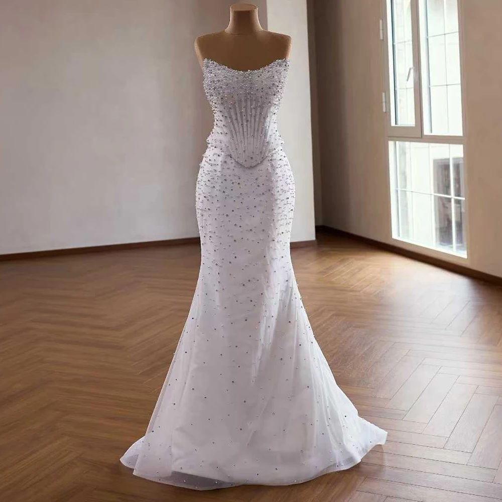 Vestido De Casamento Detachable Train Strapless Zipper Pearls Crystal Charming Wedding Dress Customized