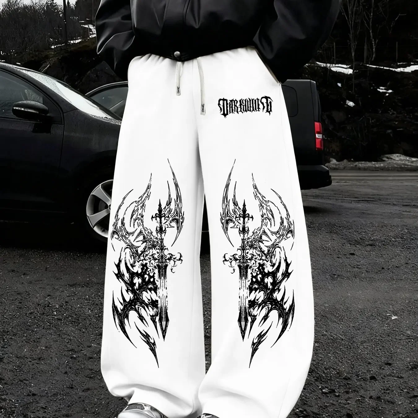 Wide Leg Trousers, Gothic Sword Totem Graphic Print, Drawstring Elastic Waist, Hip Hop Streetwear Casual Loose Pants