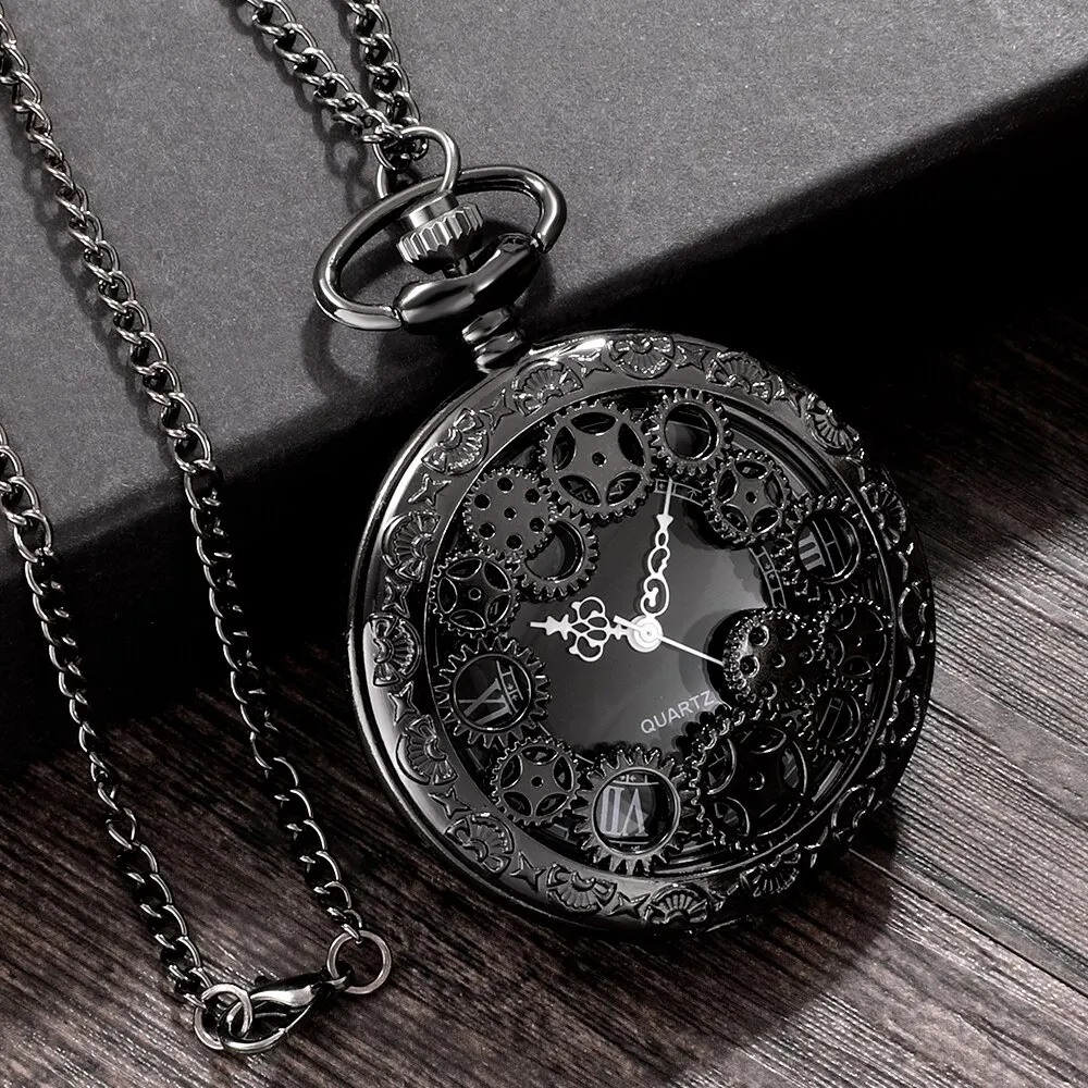 ساعة جيب نحاسية Steampunk للرجال والنساء، معدات مجوفة عتيقة، كوارتز مجوفة، ساعة قلادة، سلسلة مع سلسلة هدايا