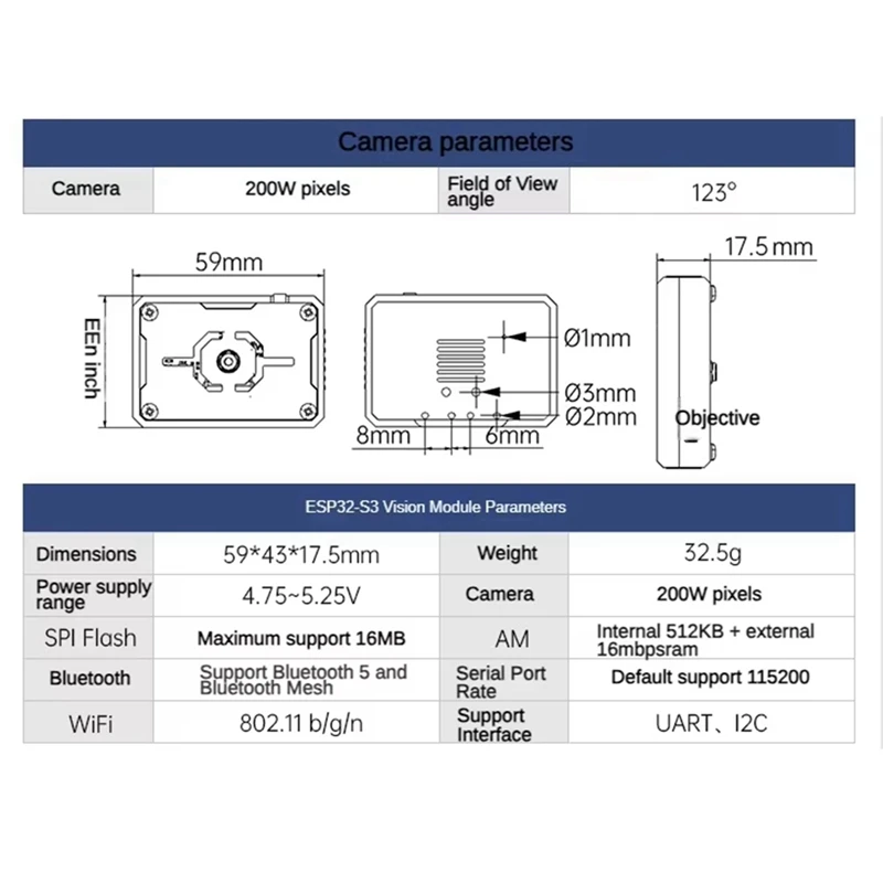 New Wifi Camera Module ESP32-S3 Image Transmission For ROS Robot Car Trolley AI Visual Recognition Sensor Camera