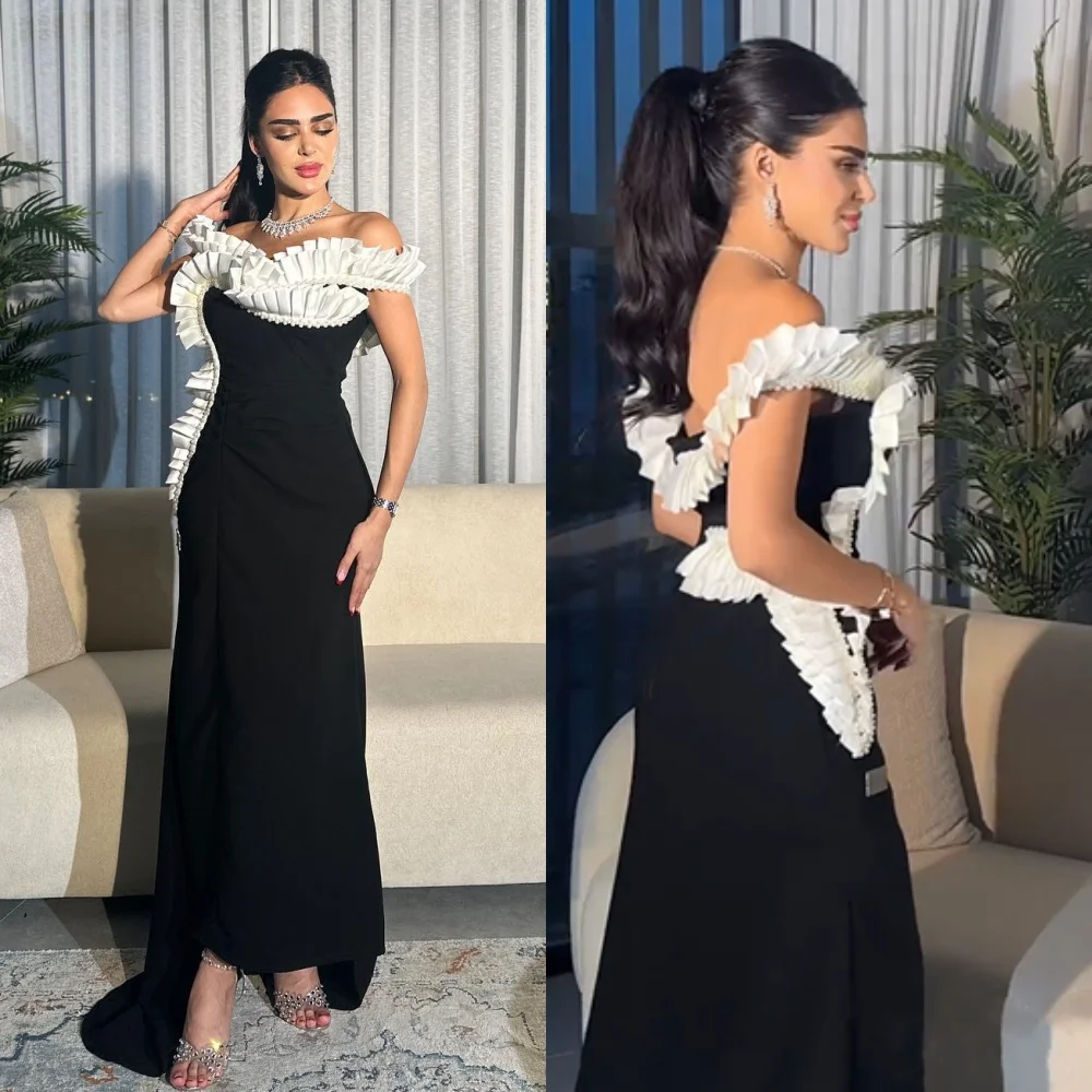 

Customized Matching Fashion Jersey Pleat Ruched Straight Off-the-shoulder Long Dresses Prom Dresses Modern Style Casual Classic