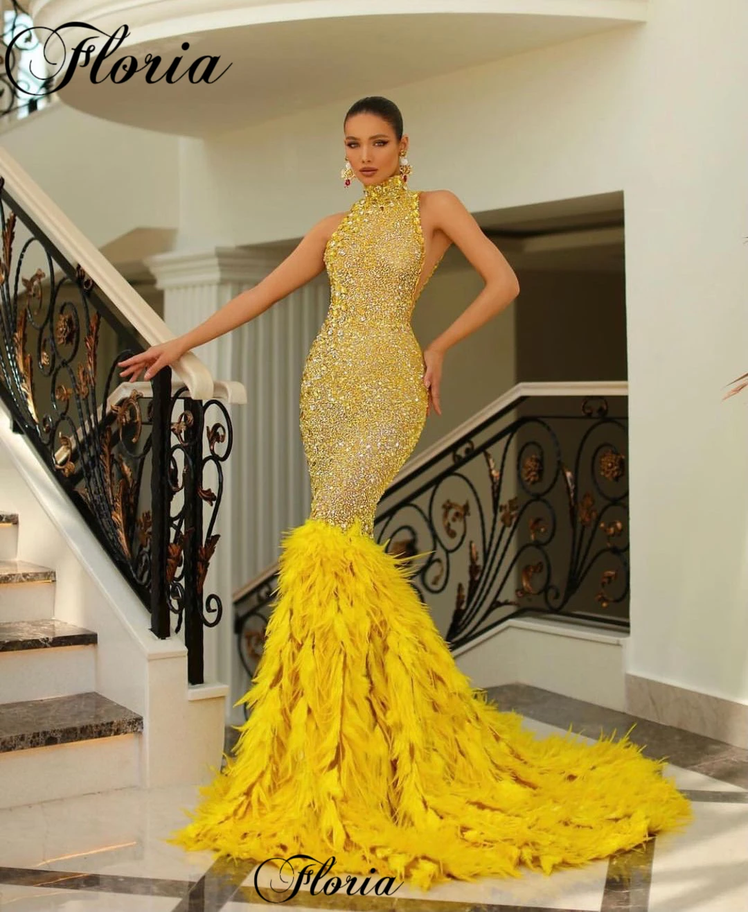 Yellow Mermaid Evening Dresses With Feathers Train  High Neck Sexy Prom Dresses Crystals Celebrity Dresses Robes De Soirée