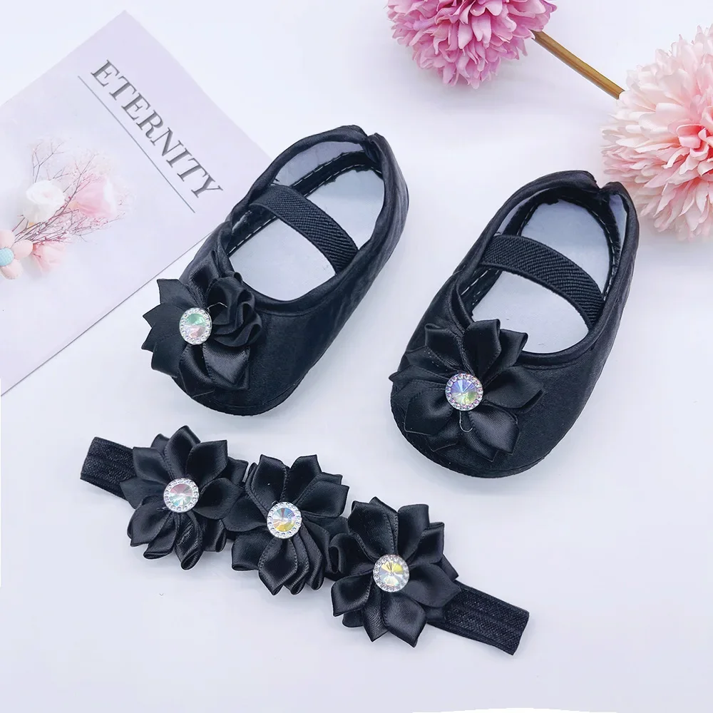 Baby Girls Princess Flower Shoes Headband Set First Walker Shoe Infants Toddlers Soft Sole Anti-skip Spring Autumn