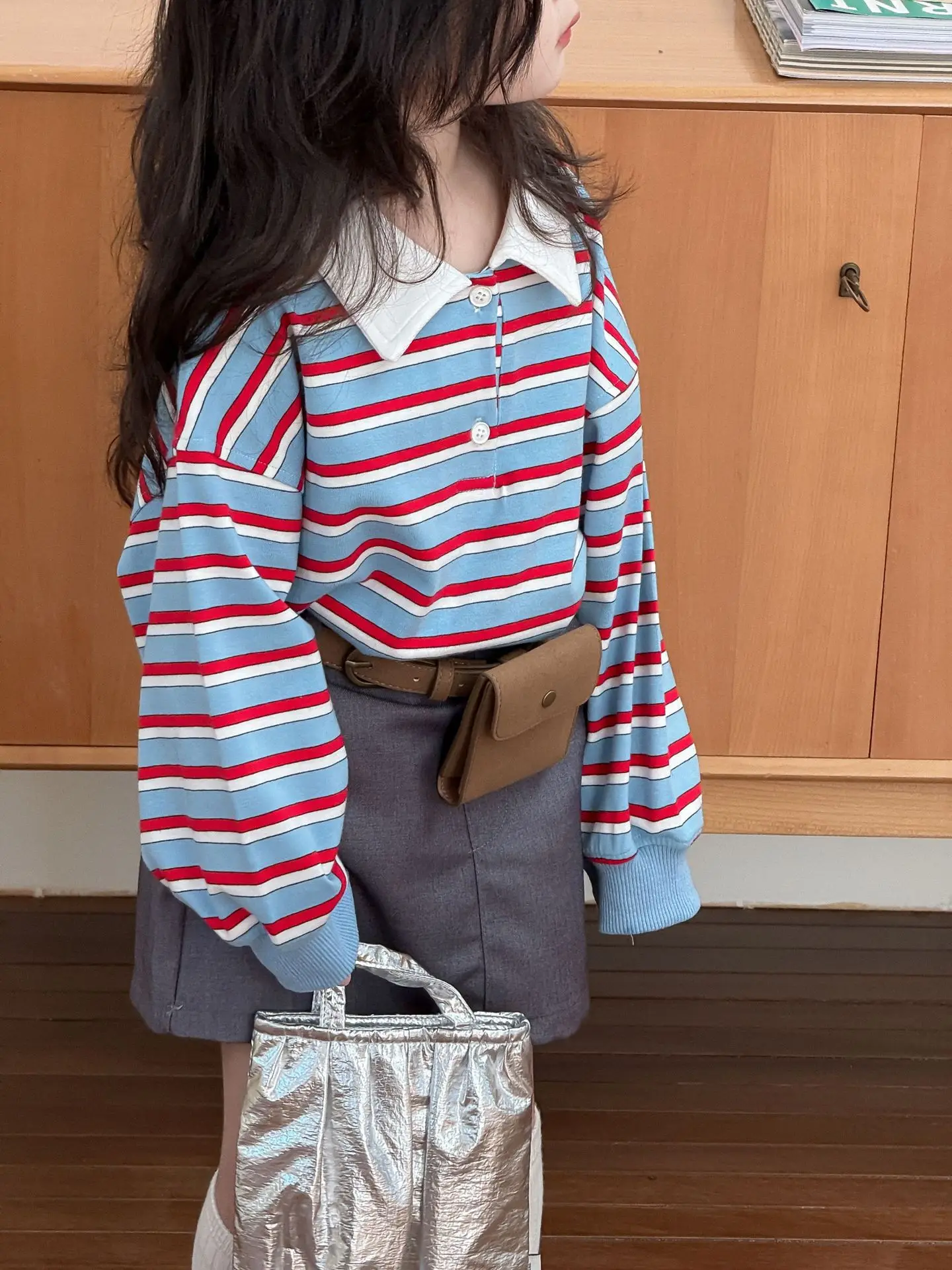 Girls Suit 2026 Autumn New Children's Clothing Korean Style Girl Baby Print Stripe Retro Stripe Hoodie Bag Hip Skirt Two Sets