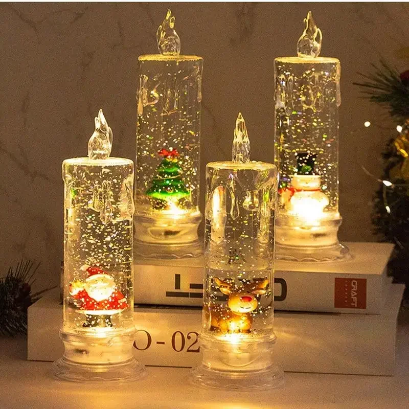 Christmas Water Injection Candle Santa Claus Battery Operated Xmas Themed LED Candles Crystal Light Floating Snow Music Box