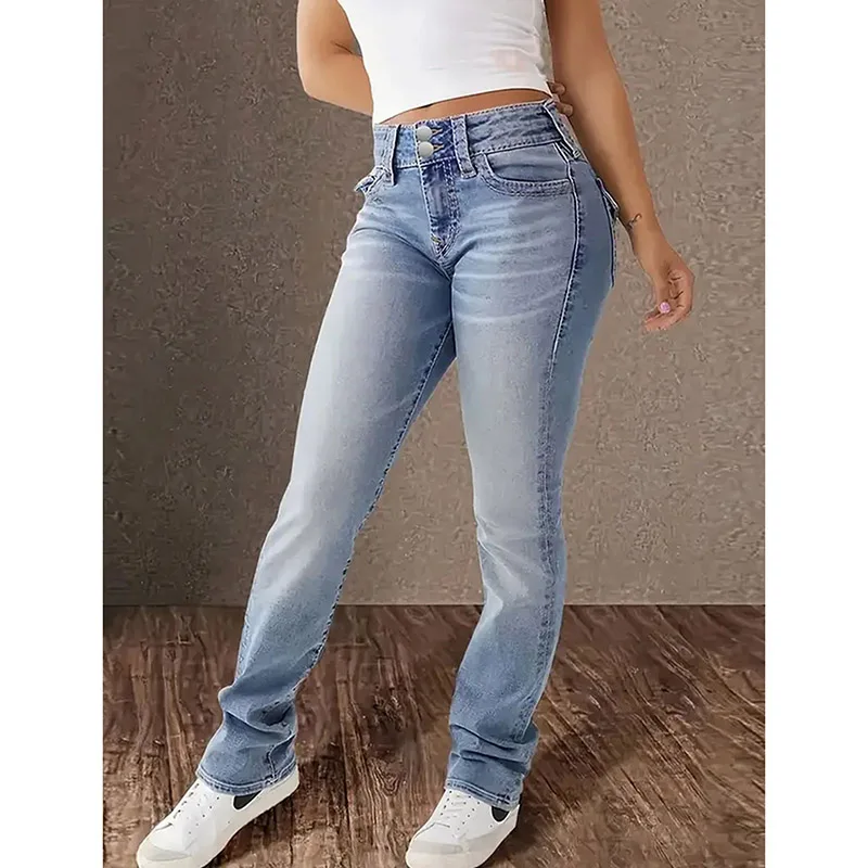 

Girls Fashion Double Button Flared Jeans Women American Retro Casual Denim Pants Lady Stretch Straight Leg Trousers