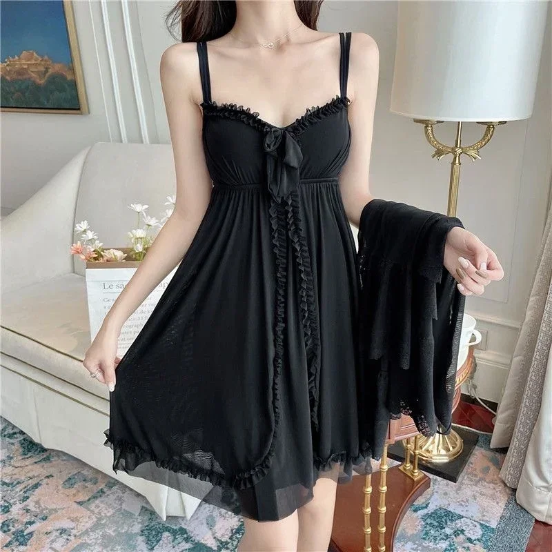 2024 Summer 2PCS Silk Satin Sexy Lace Lingerie Nightgowns Robes Sets For Women Korean Bathrobes Sleepwear Nightdress Night Dress