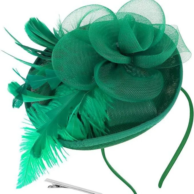 

Оптовая продажа, зеленые, темно-розовые повязки для волос с перьями для женщин, чайная лошадь, гонка, дерби, банкетная вечеринка, элегантный головной убор-волшебник