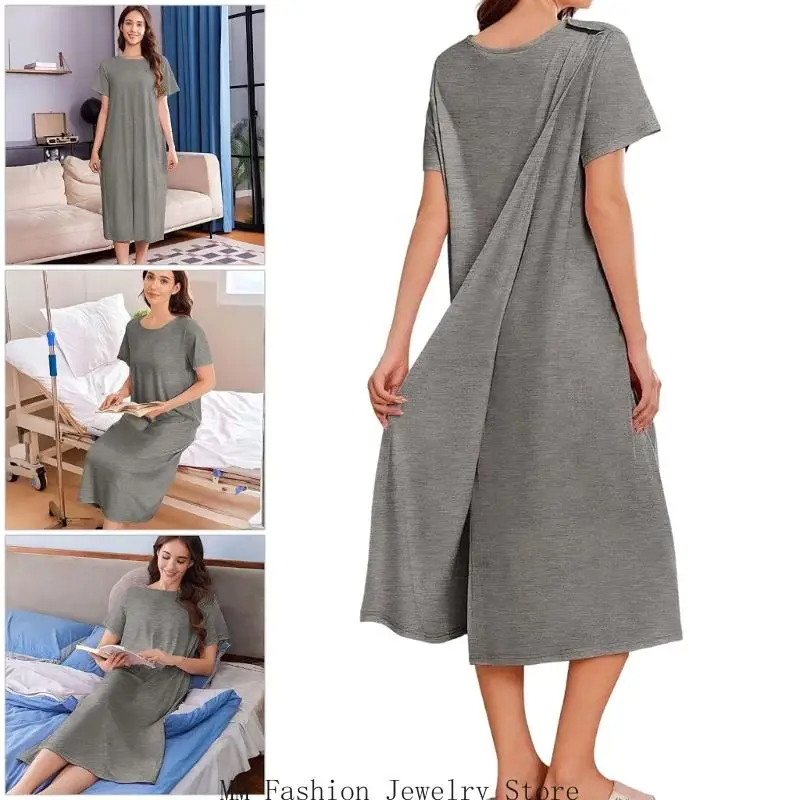 Women's Soft Cotton Hospital Gown Adaptive Nightgown with Back Opening Shoulder Snaps for Easy Dressing Nursing Care Use