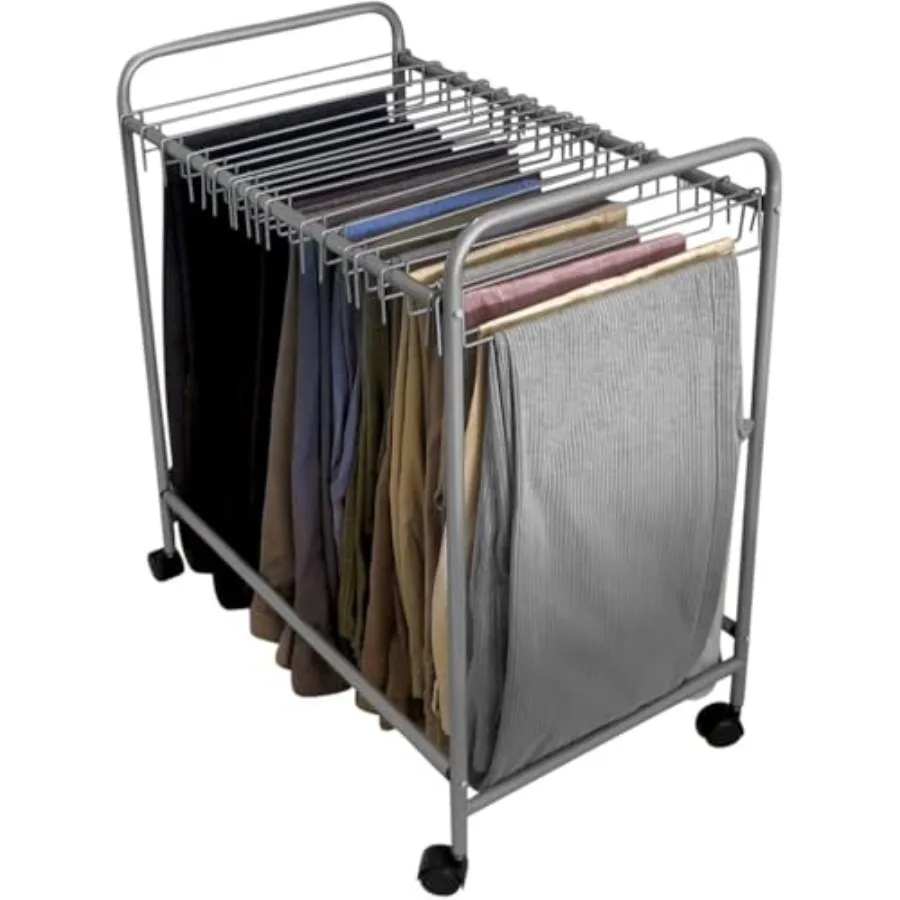 

Pants Rack with 20 Pants Hangers Rolling Trolley Cart - Skirt Hangers, Jean Organizer for Closet