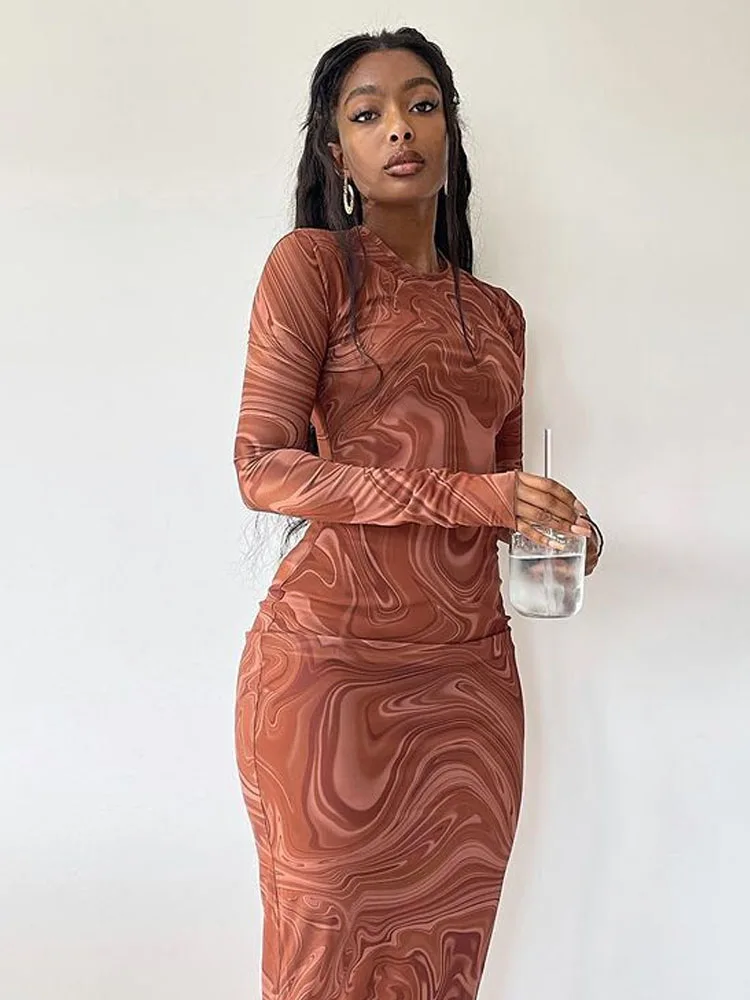 

Осенняя новая юбка с длинными рукавами и принтом, коричневое тонкое женское платье средней длины с круглым вырезом