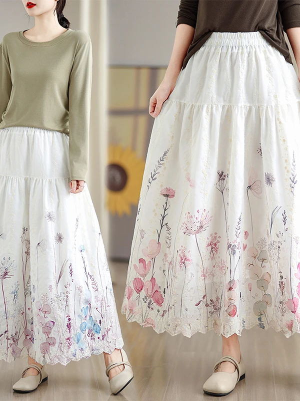 تنورة مطرزة بالزهور على شكل حرف a عالية الخصر للتخسيس تنورة طويلة على شكل حرف a للنساء لربيع 2026 تنورة كعكة لطيفة