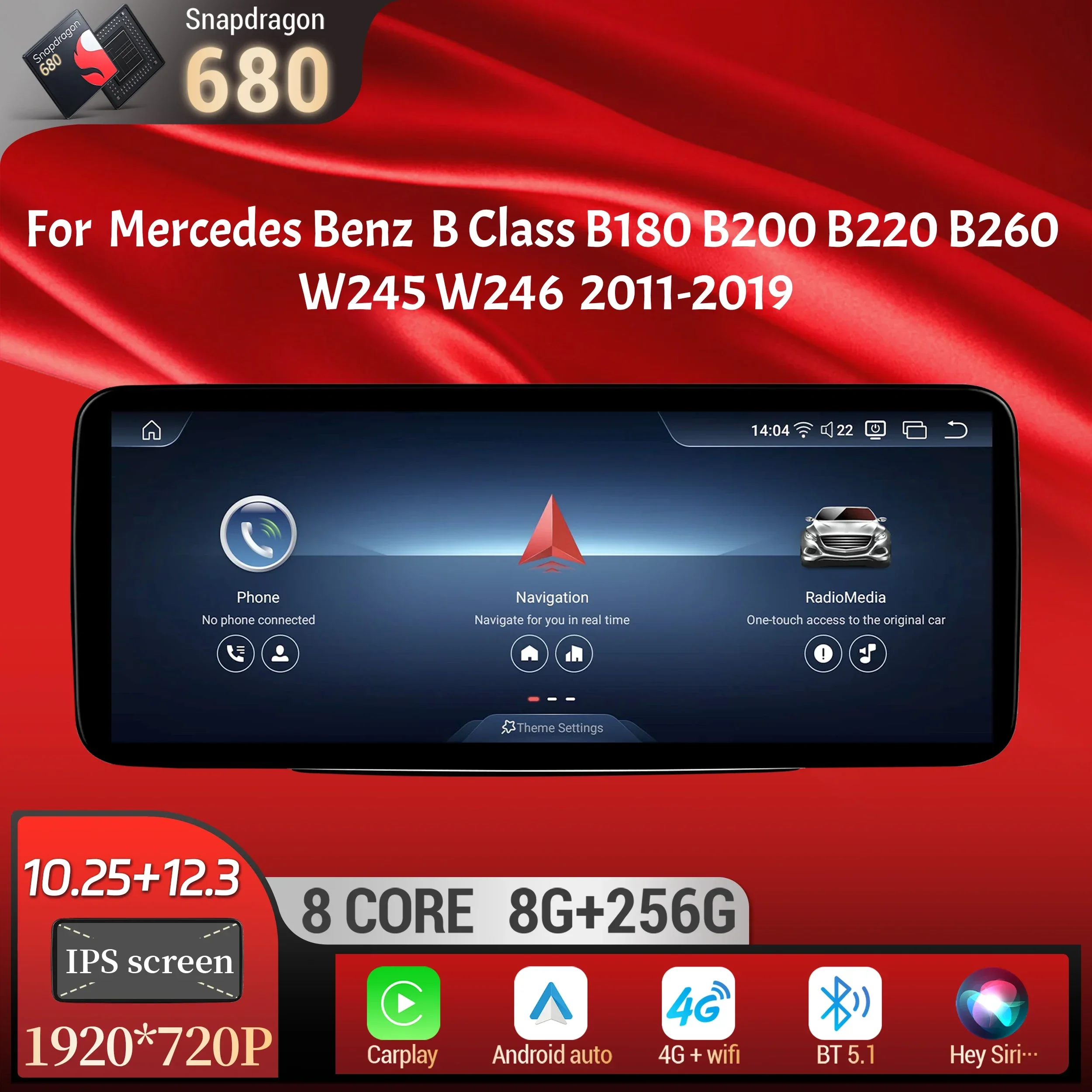 Car Radio Android 13 For Mercedes Benz B Class B180 B200 B220 B260 W245 W246 2011-2019 Carplay Snapdragon 680 CPU SM6225 Screen