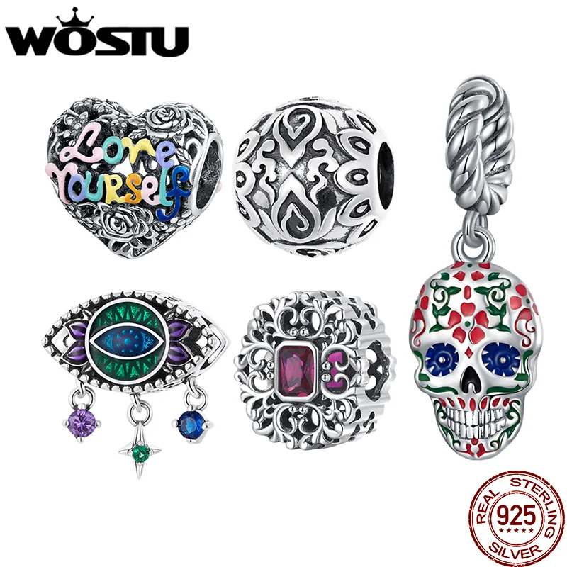 WOSTU 925 Sterling Silver Retro Heart Demond Eye Bead Rainbow Skull Pendant Fit Charms Bracelet Necklace DIY Gift Jewelry Making