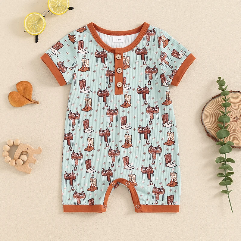 Baby Western Summer Romper Booties/Animal Print Button Front Round Neck Short Sleeve Jumpsuit