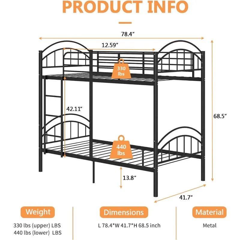 Bunk Beds Frame Twin Over Twin, Convertible Into 2 Individual Metal, Removable Ladder & Safety Guard Rail