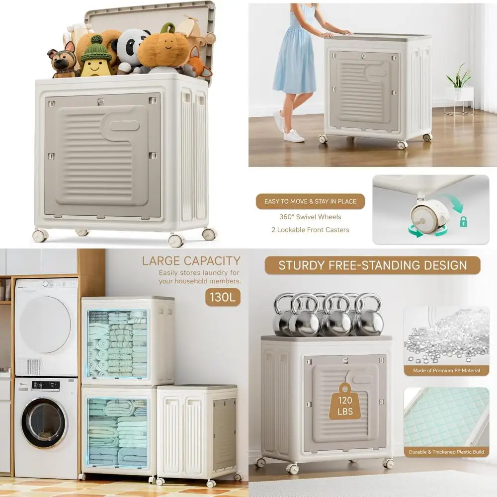 Grand bac de rangement roulant de 40 gallons avec roulettes et couvercle, idéal pour les vêtements et le panier à linge