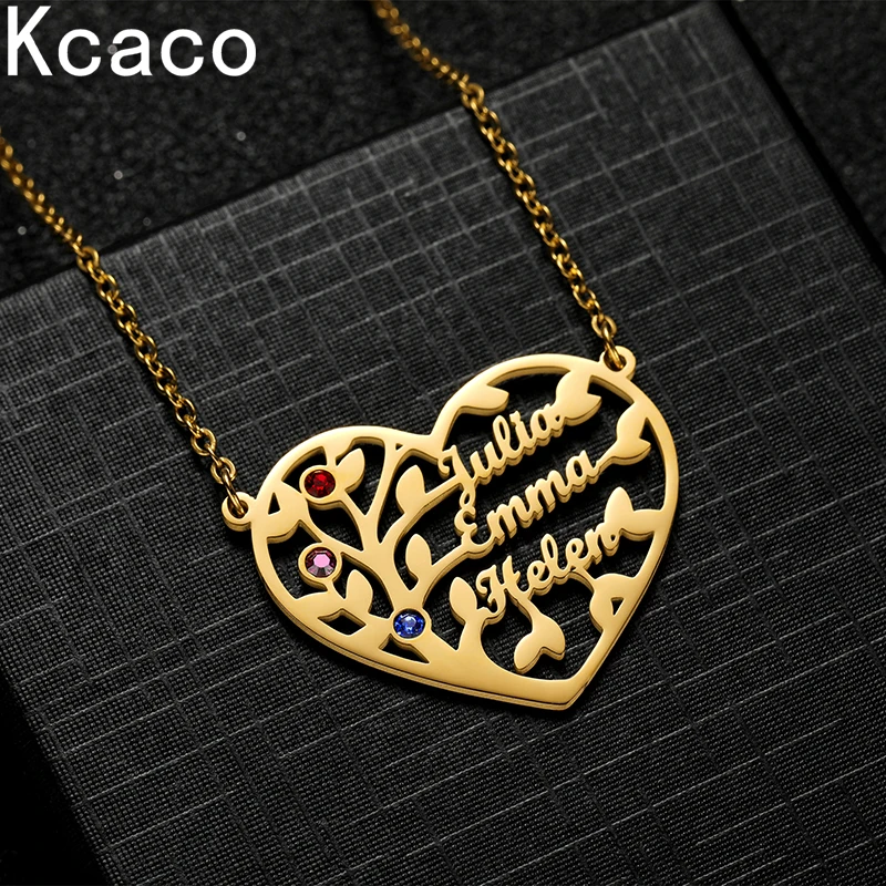 

Life Tree Family 1-3 Names Pendant Necklace Personalized Stainless Steel Heart Nameplate with Birthstone For Women Family Gifts