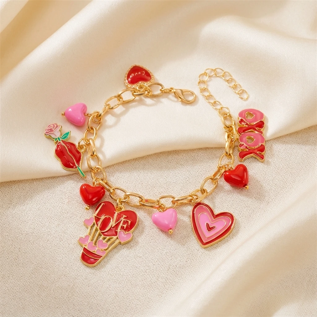 Romantisches Valentinstagsgeschenk XOXO Liebe Herz Anhänger Charm Armband für Frauen Gold Farbe Emaille Rose Blume Handgelenk Kette Party Schmuck – Detail 3