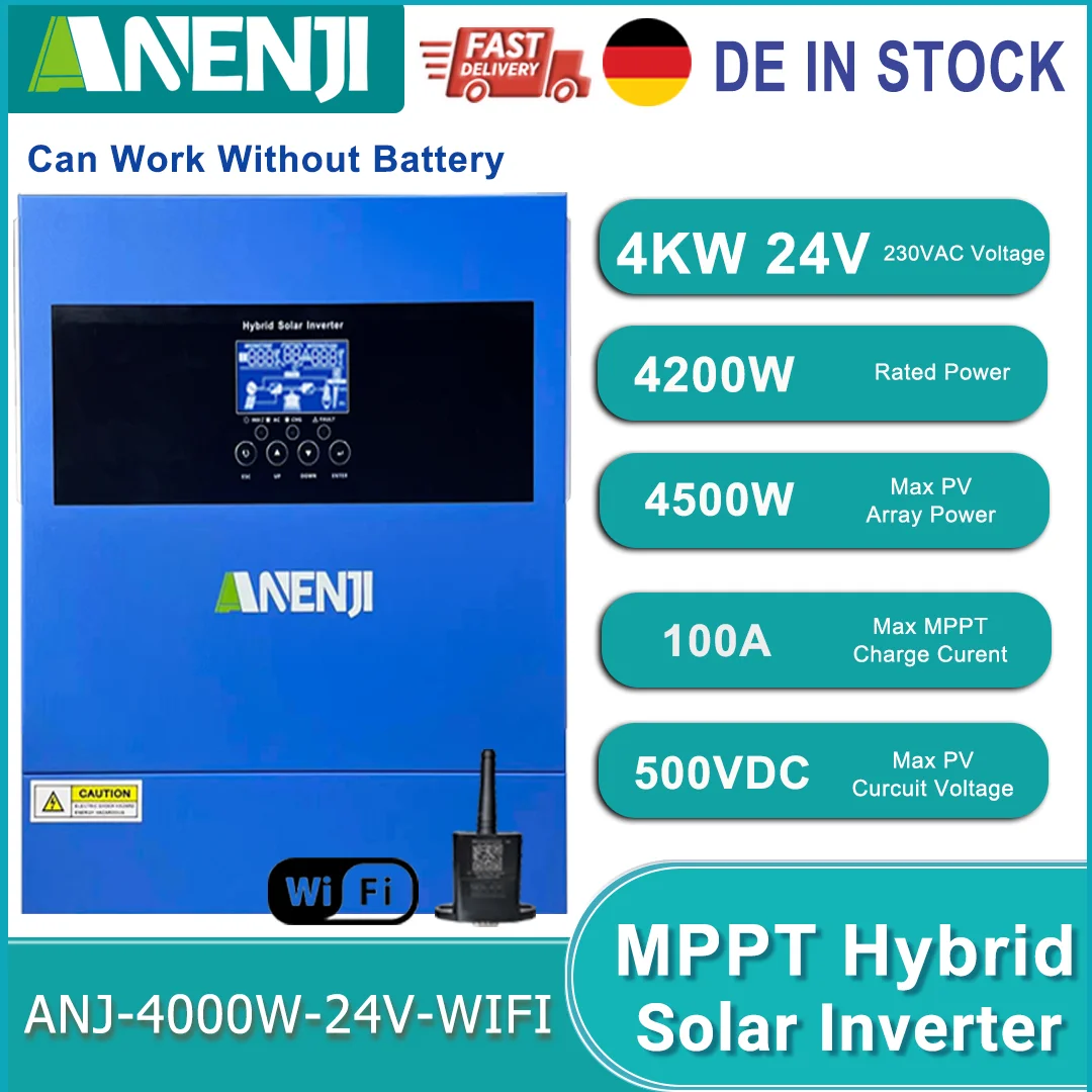 4KW 24V Hybrid Solar Inverter Off Grid Inverter Pure Sine Wave PV500VDC MPPT 100A Solar Charge Controller with WiFi