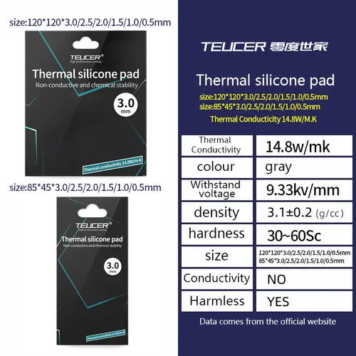 Imagen 2 del producto TEUCER-almohadilla de silicona para disipar el calor, almohadilla térmica de silicona suave para CPU/GPU, placa base de tarjeta gráfica, 14,8 W/MK TP400