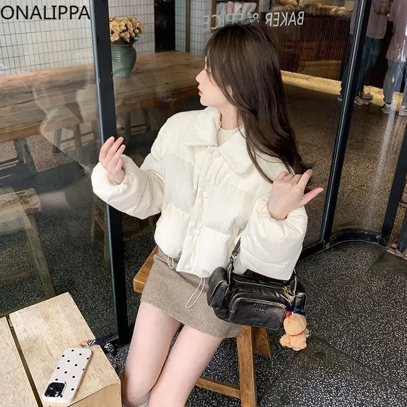 Onalippa Corduroy Cropped Jackets for Women Drawstring Solid Turn Down Collar Quilted Coat Korean Loose Winter Clothes Warm