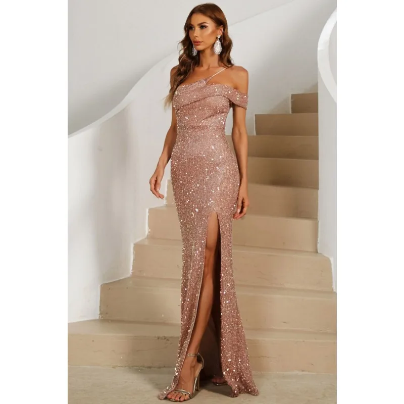 Sexy Elegant Off Shoulder Slit Evening Graduation Dress Sequins Prom Gown Summer Corset Floor Length Party Dress for Women 2023