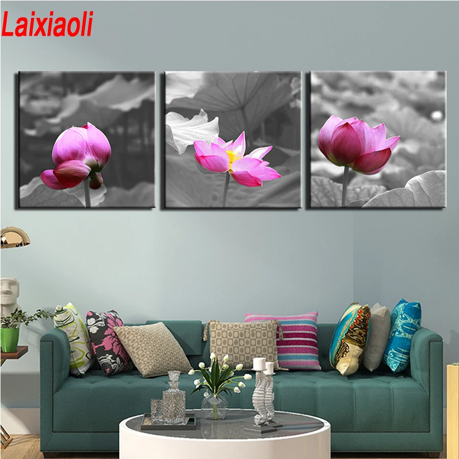 3 Pieces Pink Lotus Wall Art diamond Paintings Modern Flower Pictures diamond mosaic diamond embroidery full cross stitch decor