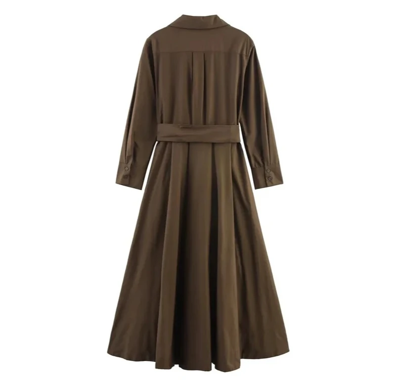 فستان نسائي خريفي جديد بلون سادة وأكمام طويلة نمط قميص على شكل حرف A وحزام فستان مزين بشخصية عصرية غير رسمية #3