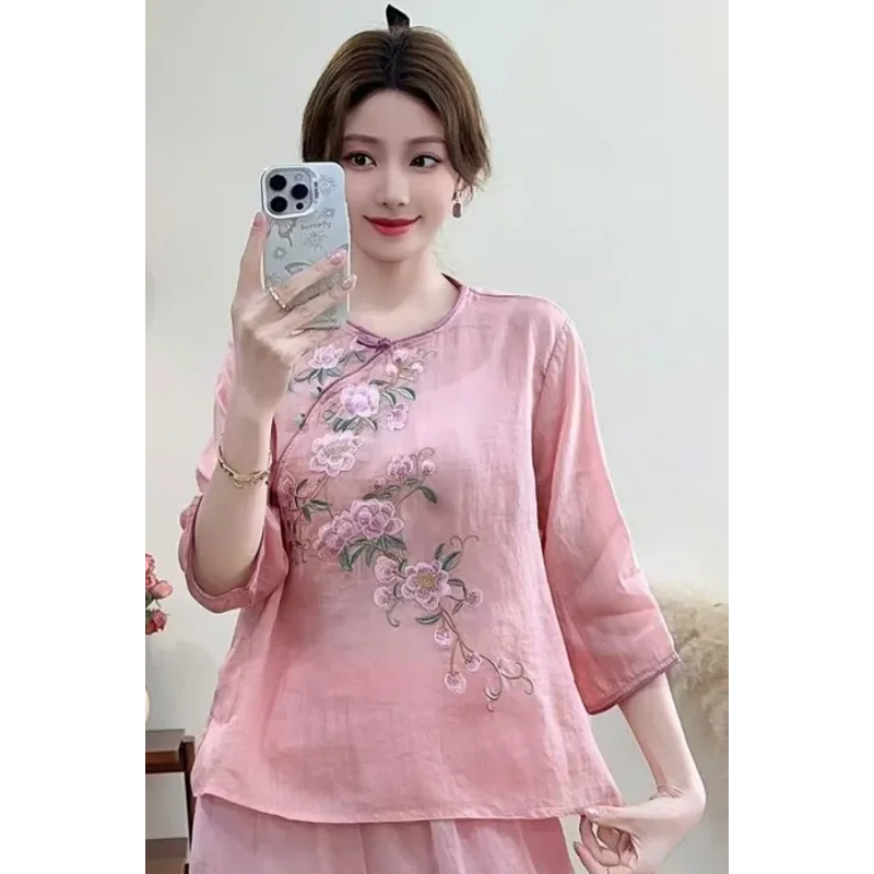Women's Pink Cheongsam Style Blouse Embroidery Detail Half-Sleeve Loose Fit Casual Traditional Chinese Top
