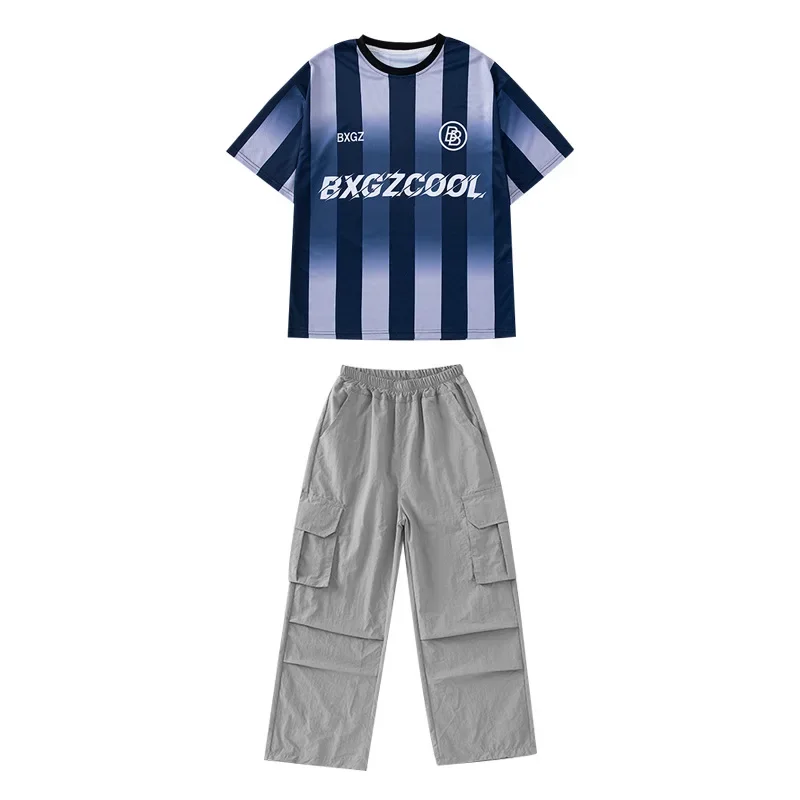 

New Striped T-Shirts Boys Hip Hop Clothing Sets Girls Grey Pants Jazz Performance Costume Group Ballroom Street Dance Costumes