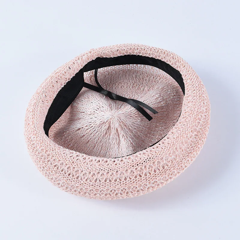 Stiff linen blended breathable knitted berets caps for women Hollow woven lady painter cap temperament mushroom cap summer hats