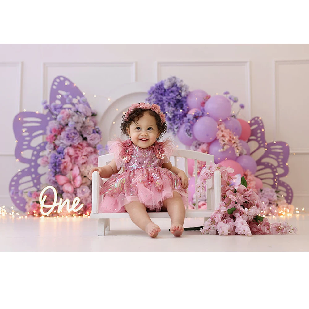 Butterfly Wings Arch Photography Backdrop Girl Birthday First Cake Smash Photo Background Purple Pink Flowers Photo Studio Props