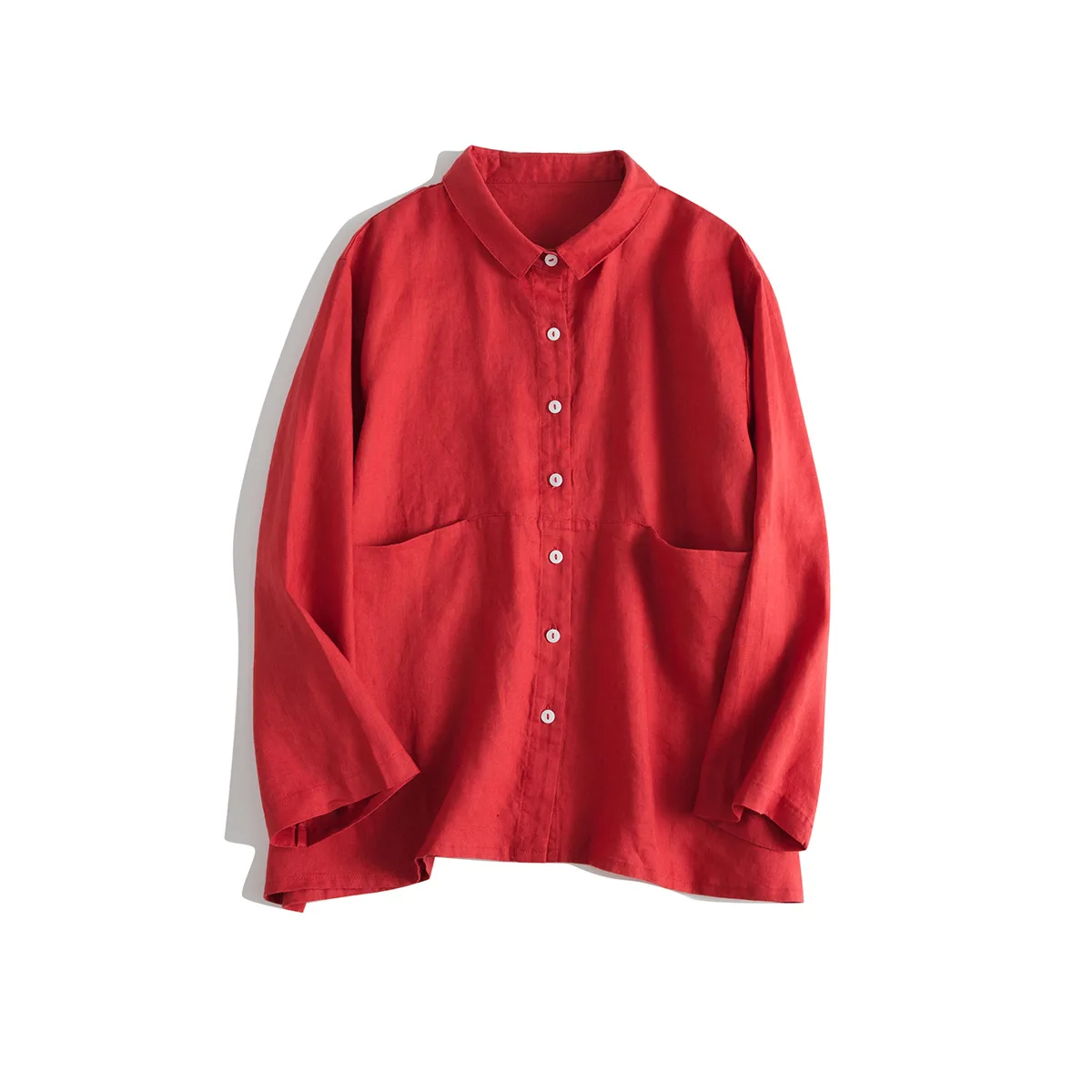 Spring and summer women\'s casual solid color lapel long sleeved pocket decoration loose shirt