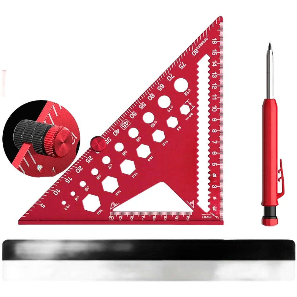 Ruler Pencil With Pen Cores Positioning Blocks Aluminum Alloy Triangle Ruler For Woodworking 45° 90° High Accuracy Set Square