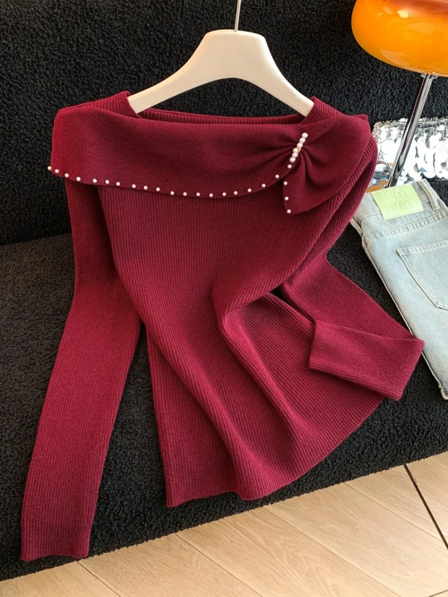 

Heavy Embellied One-oulder Knitwear Soft Cozy Women's Autumn Winter New Sle Commute Korean Sle Slim Fit Sweater