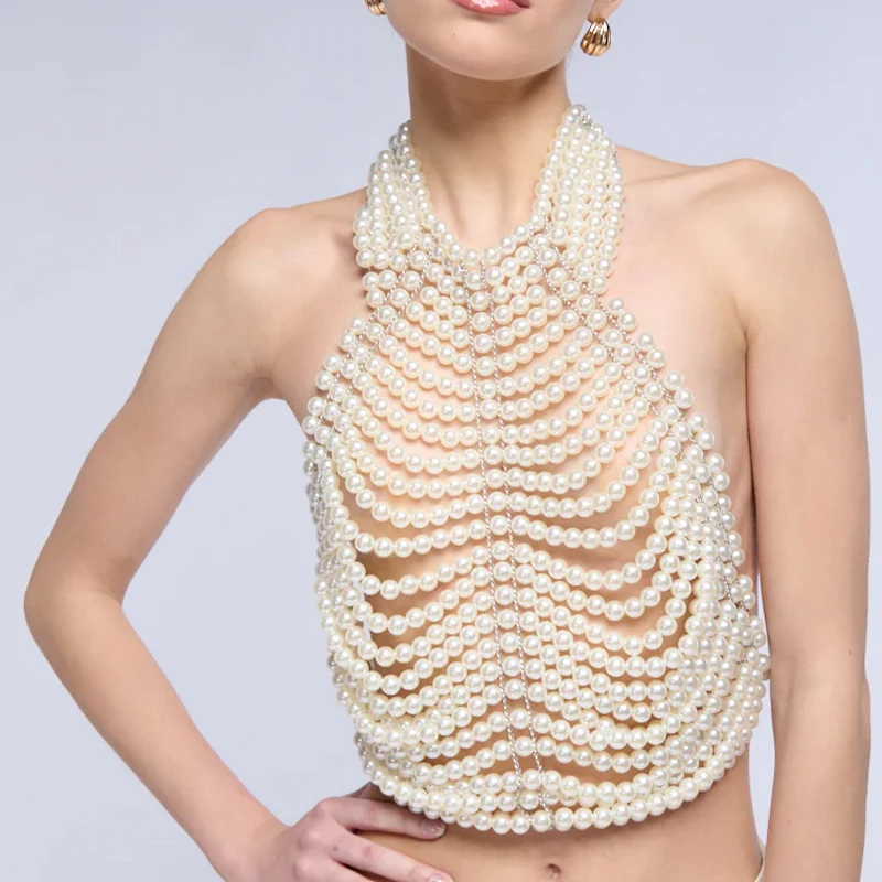 

Сексуальный женский многослойный топ ручной работы для фестивалей, с открытой спиной, жемчужной цепочкой и высоким воротником, украшенный жемчугом