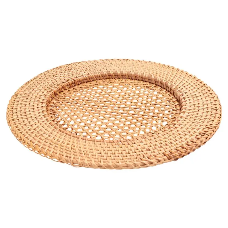 AT21-Round Placemat 13 Inch Handmade Rattan Plate Decorative Bread Snack Serving Tray Table Decoration