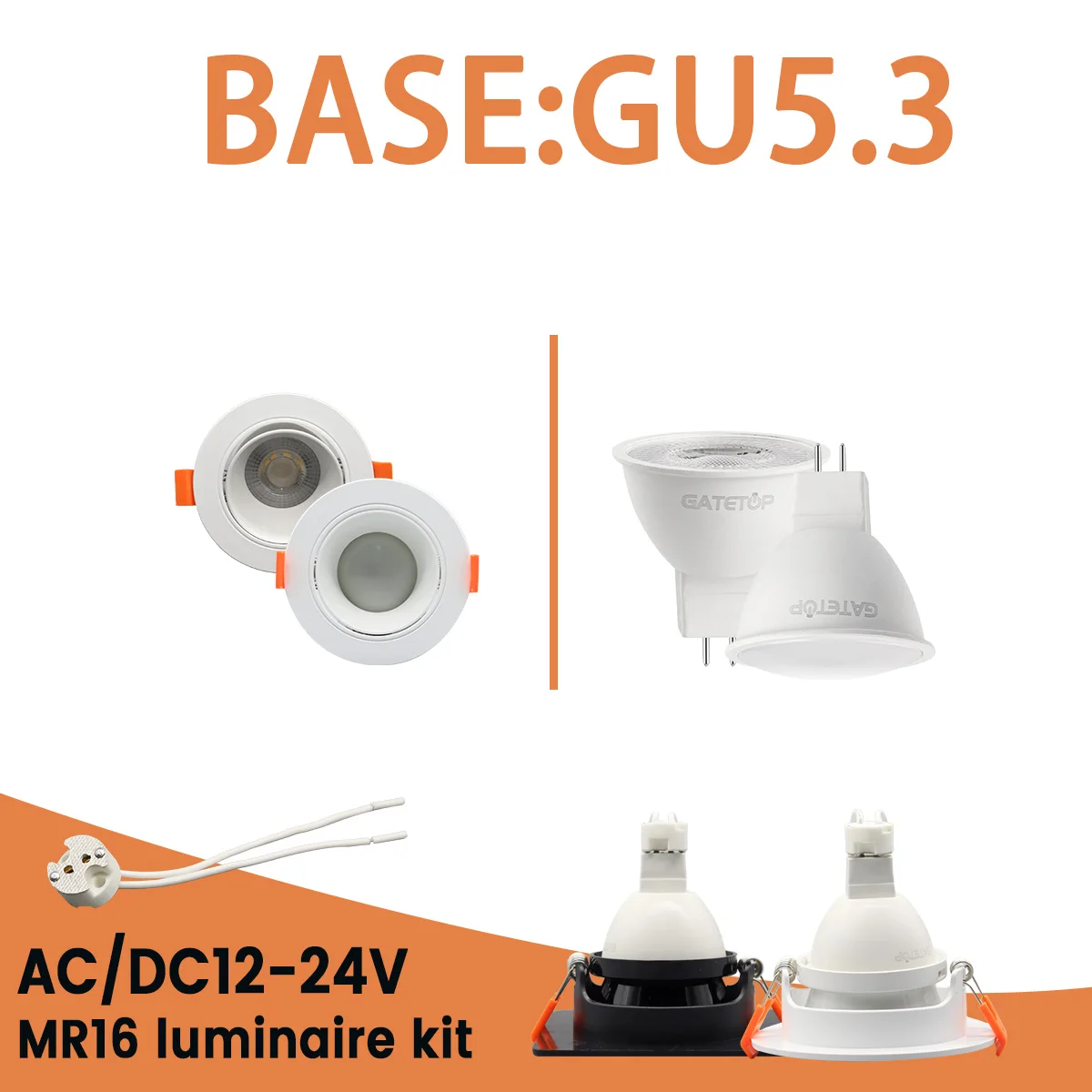 10PCS Square Embedded Ceiling Spotlight Kit AC DC 12V 24V Adjustable 90degree Light White Black Round Light Gu5.3 Lamp Holder