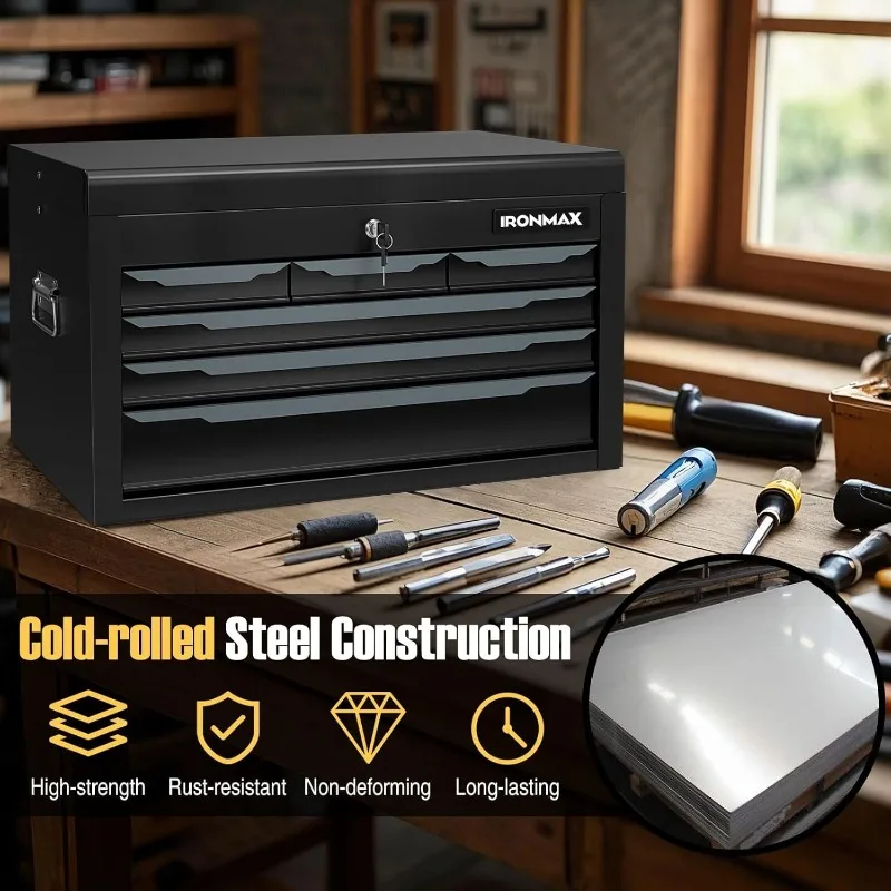 صندوق أدوات فولاذي، صندوق أدوات معدني مقاس 24 بوصة مع 6 أدراج، صندوق أدوات تخزين خزانة الصدر شديدة التحمل قابل للقفل للمرآب، ورشة عمل، #2