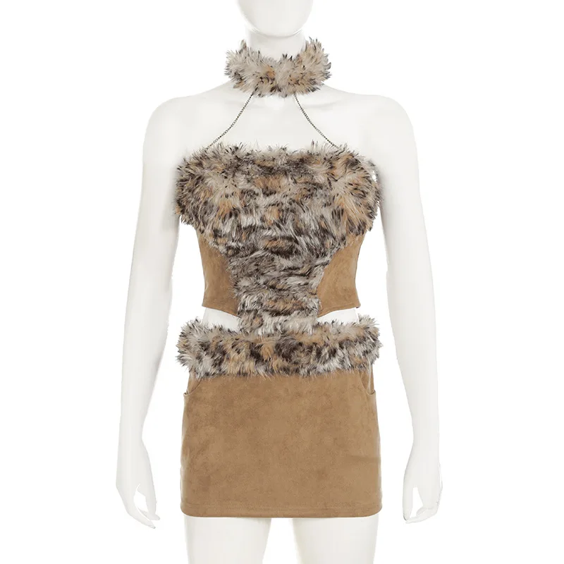 Leopard Furry Patchwork Suede 2 Piece Set Women Sexy Strapless Metal Chain Chocker Halter Backless Tanks Crop Top + Mini Skirts